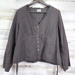 Completo Lino by Arthurio Women's Gray Linen Ruffle Neck‎ Tie Waist Blouse Top L